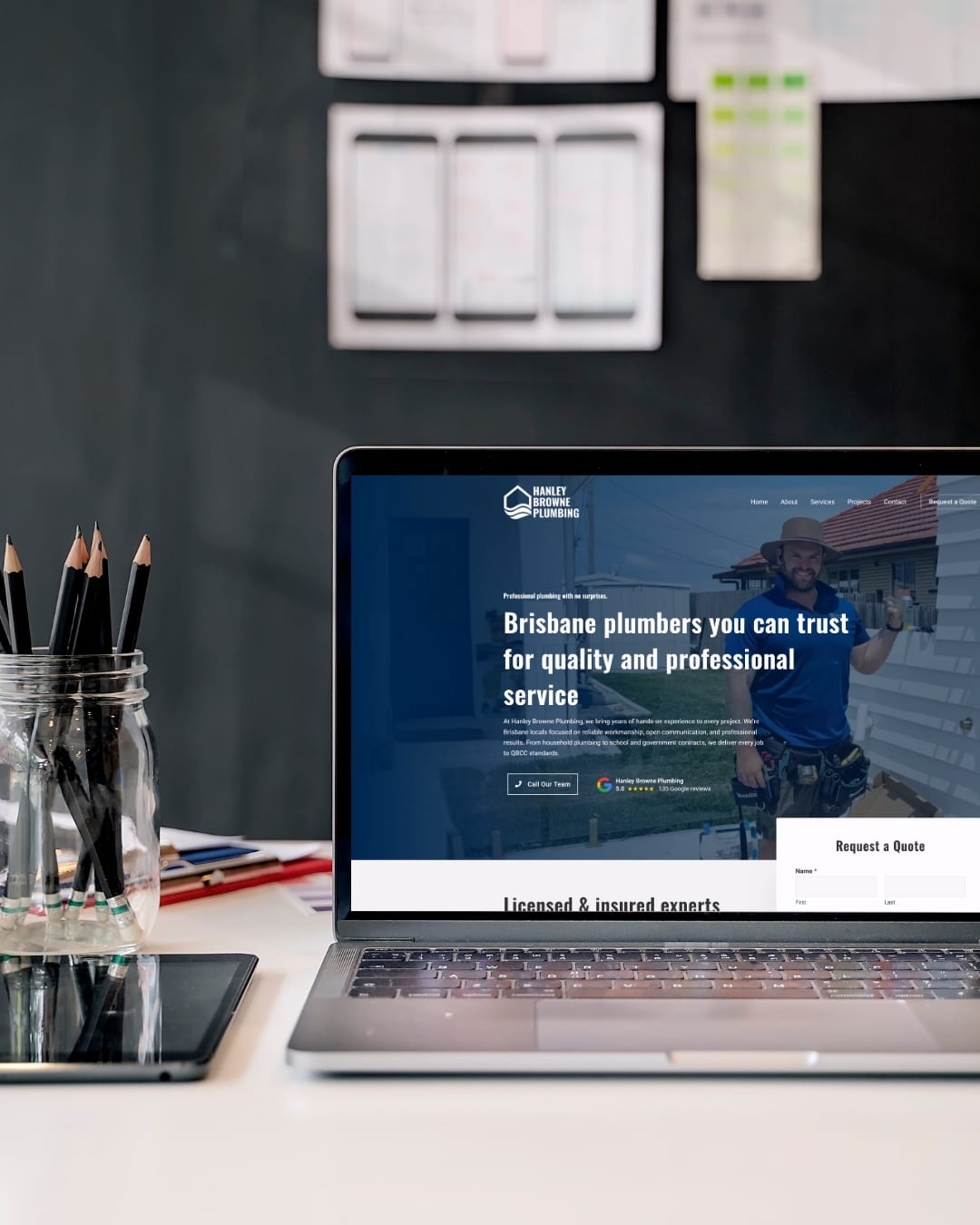 Hanley Browne Plumbing website homepage, a Brisbane residential plumbing business website built by Sheppard Creative