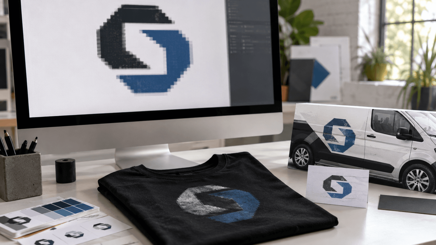 An AI-generated logo shown reproduced across a computer screen, t-shirt, business card and vehicle signage, degrading in each application.