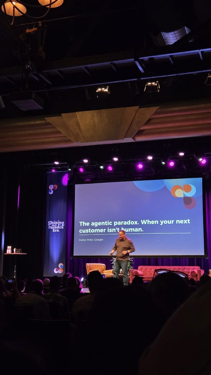 The title slide of Heiko Hotz's Something Digital talk, The agentic paradox. When your next customer isn't human.