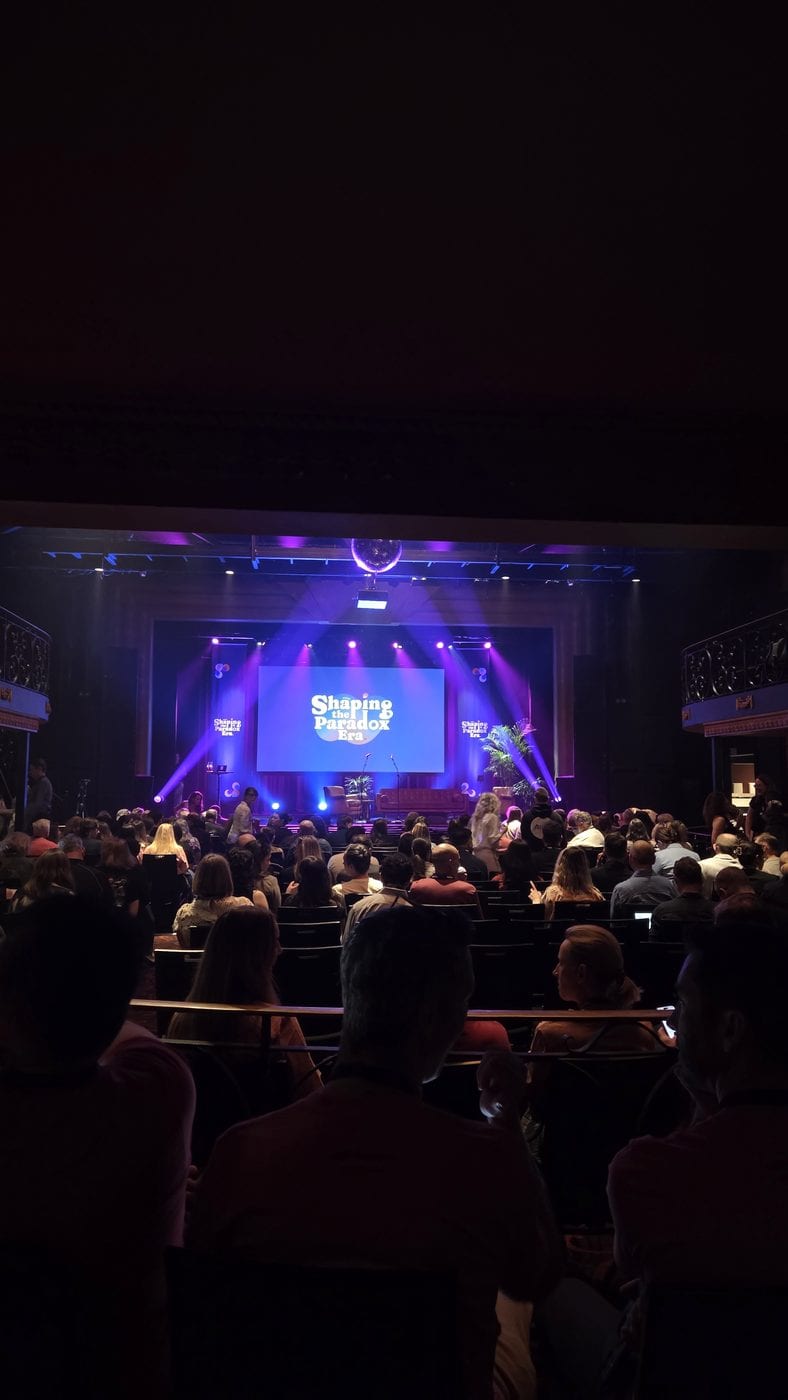 The main stage at Something Digital in Brisbane, with the Shaping the Paradox Era title slide on screen