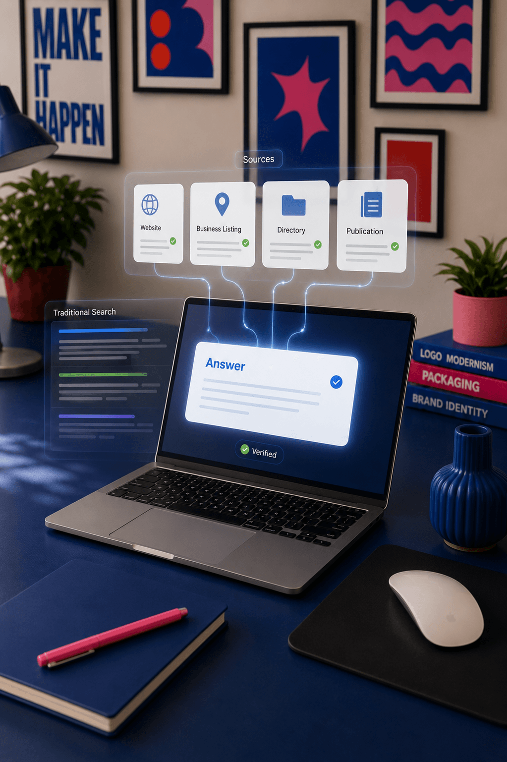 Laptop showing an AI answer built from verified sources