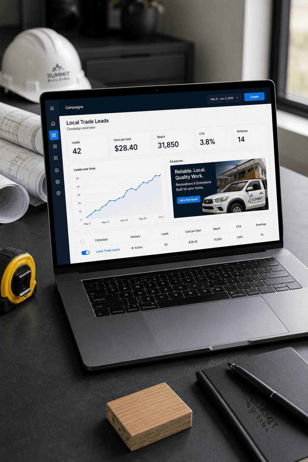 Laptop showing a Meta ads campaign dashboard with leads and cost per lead