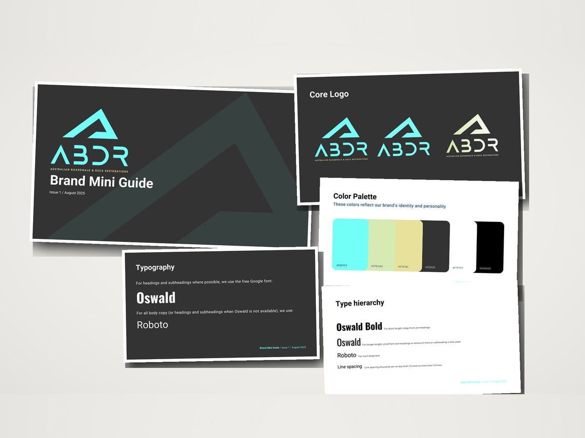 ABDR brand mini guide showing the core logo, colour palette and the Oswald and Roboto typefaces