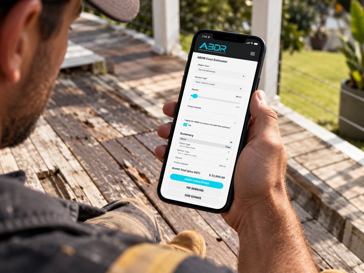 Homeowner using the ABDR instant cost estimator on a phone while sitting on a timber deck