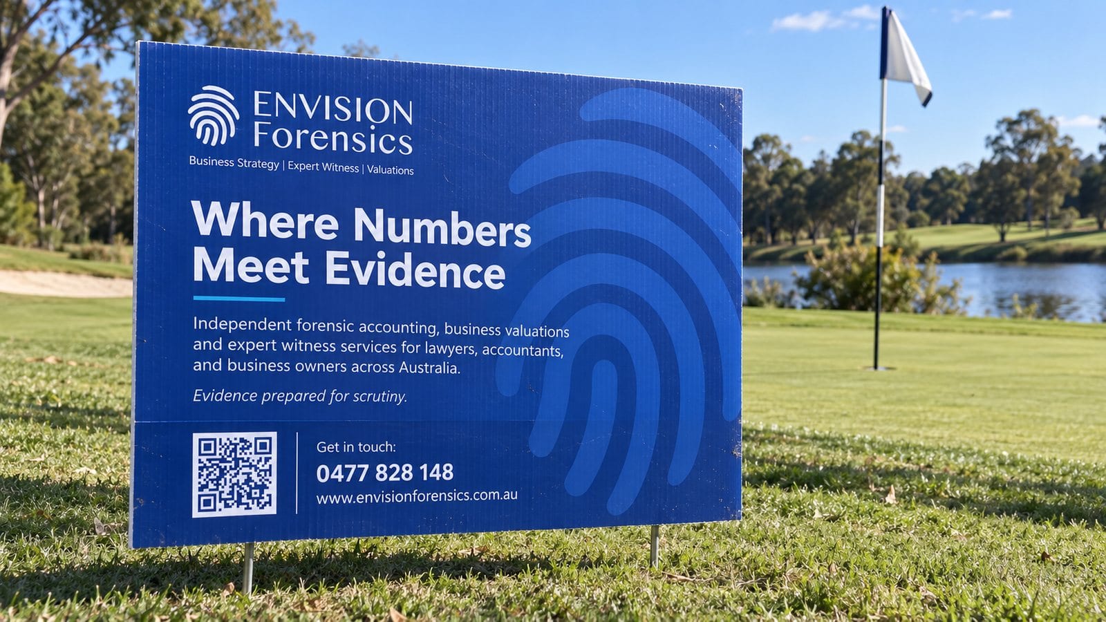 Envision Forensics golf day sponsor sign reading 'Where Numbers Meet Evidence', a Sheppard Creative marketing collateral project