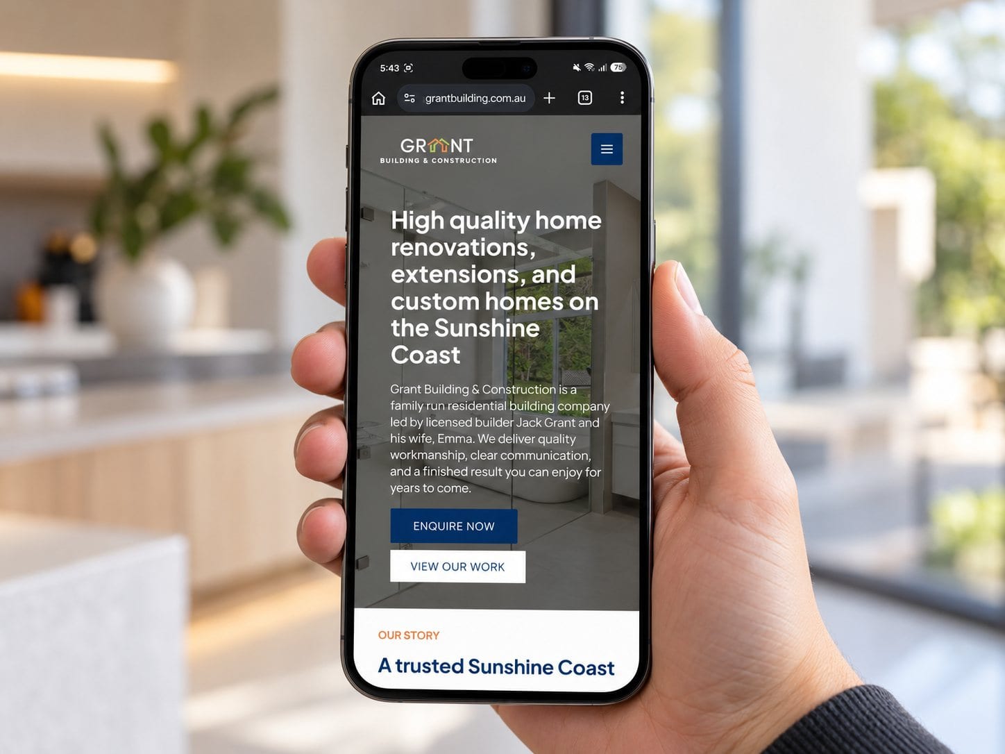 Grant Building and Construction website on a phone, a Sheppard Creative project