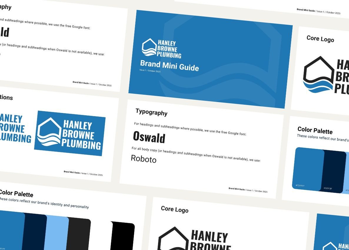 Hanley Browne Plumbing brand mini guide showing the logo, colour palette and Oswald and Roboto typefaces