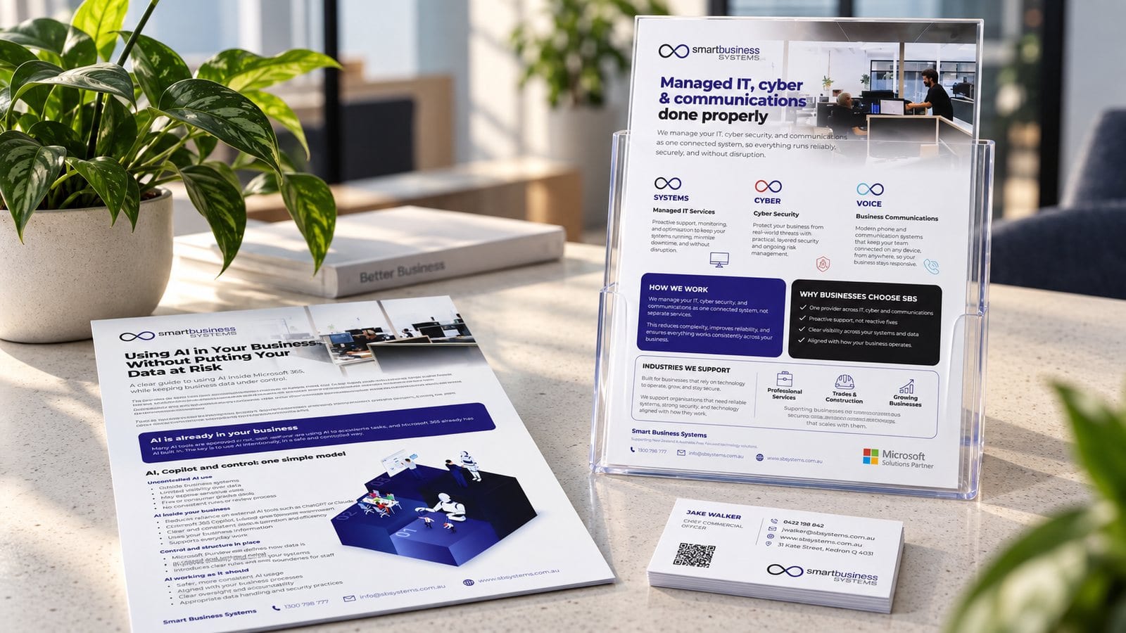 Smart Business Systems marketing collateral, including an AI and Copilot flyer, service brochure and business cards, a Sheppard Creative project