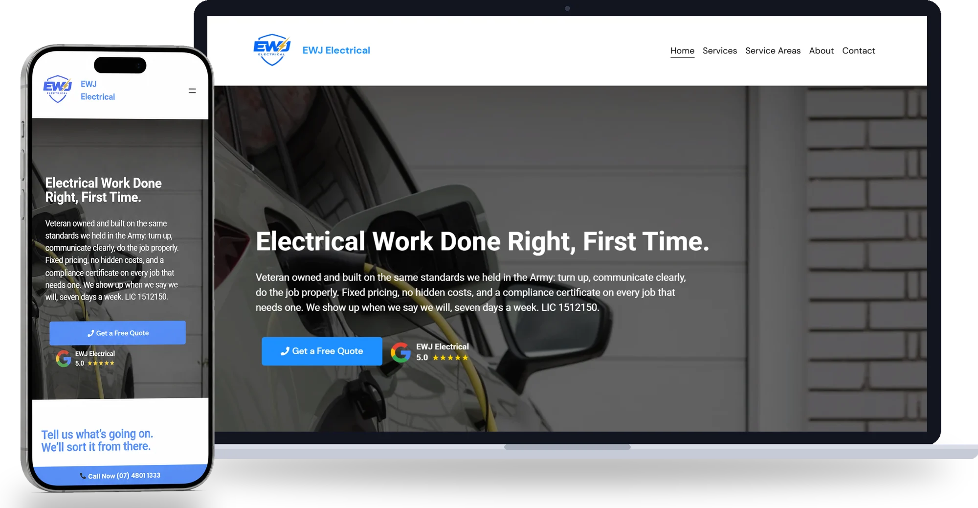 A trade business website built by Sheppard Creative, shown on a laptop and a phone